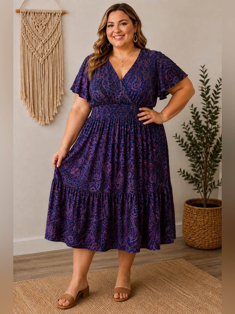 Terra & Sky 4X Boho Paisley Midi Dress Navy Purple Pink Smocked Waist
